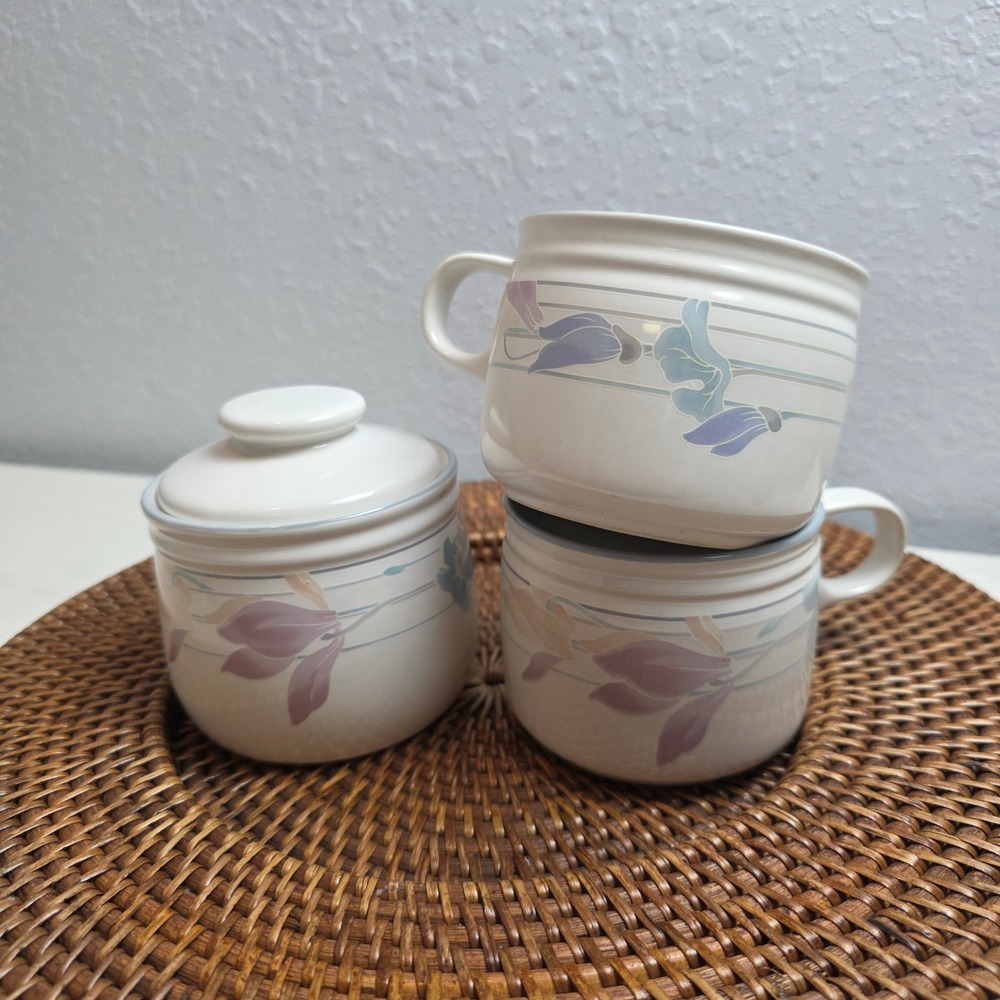 Vintage 90s Studio Nova 'Tender Bloom' Y2325 Stoneware Set 2 Mugs & Sugar Bowl